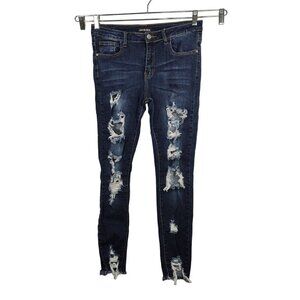 Fashion Nova Ripped Skinny Jeans Juniors Size 11 Dark Wash Blue Distressed